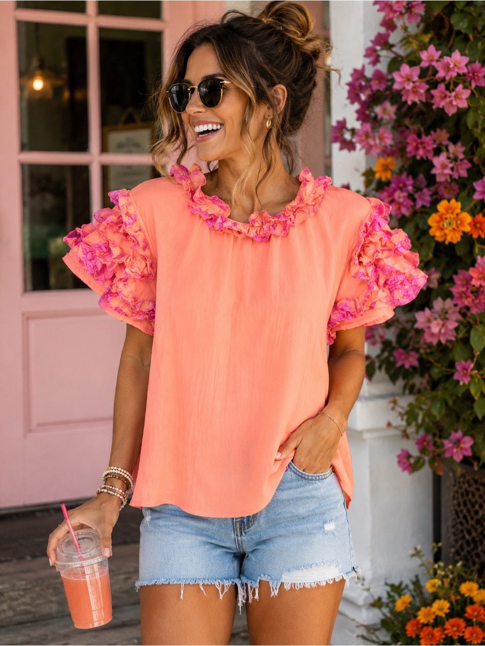 ODDI Coral Pink Ruffle Sleeve Blouse Small Statement Top